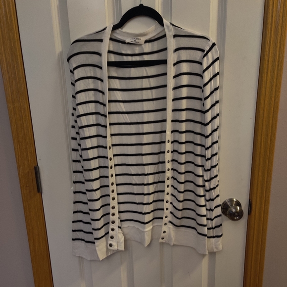 Zenana Outfitters Sweaters - Zenana White and Black Striped Cardigan Sweater